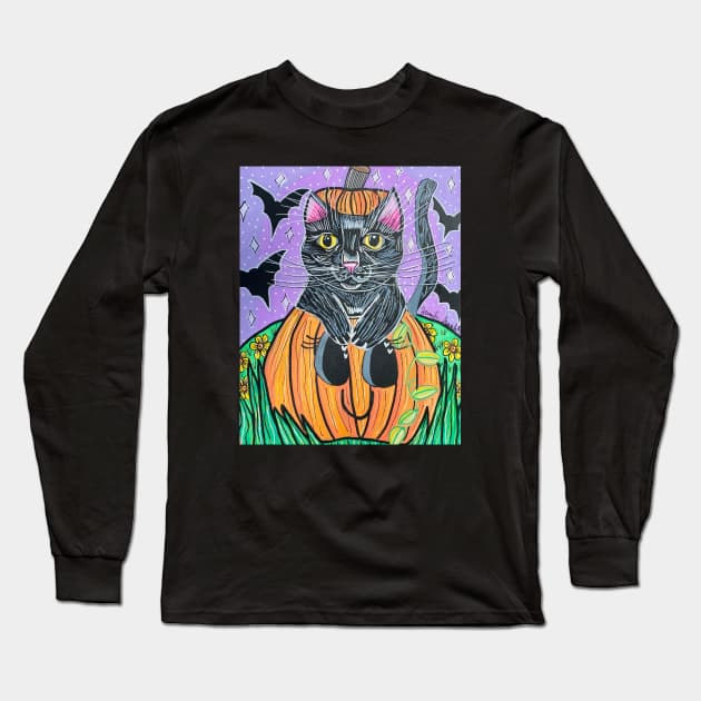 Black Cat in Pumpkin Long Sleeve T-Shirt by Stay Weird Studio Art